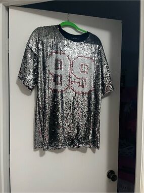 Woman’s Sequin Sports Tee - Silver with Red Number